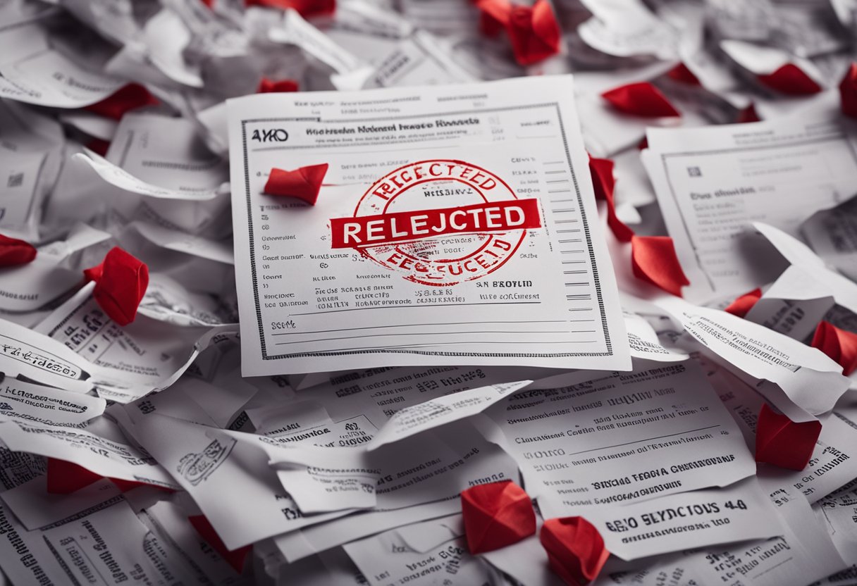 A pile of crumpled resumes surrounded by a red "rejected" stamp